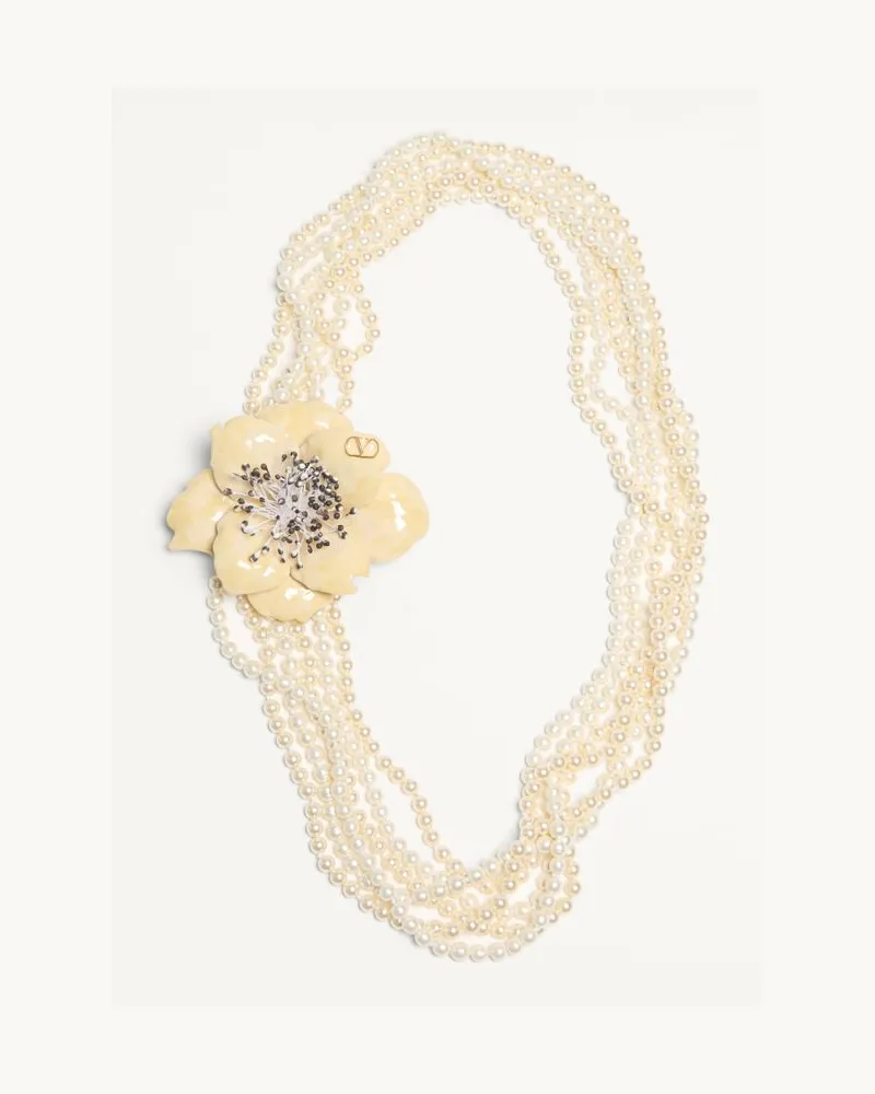 Valentino Garavani Collana Fleur Lumineuse In Metallo, Smalto, Perle E Tessuto Donna ORO/CREMA Oro