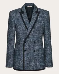 Valentino Garavani GIACCA DOPPIOPETTO IN TWEED DI COTONE E VISCOSA CON STAMPA MICROCHEVRON Uomo AVORIO/NAVY Avorio