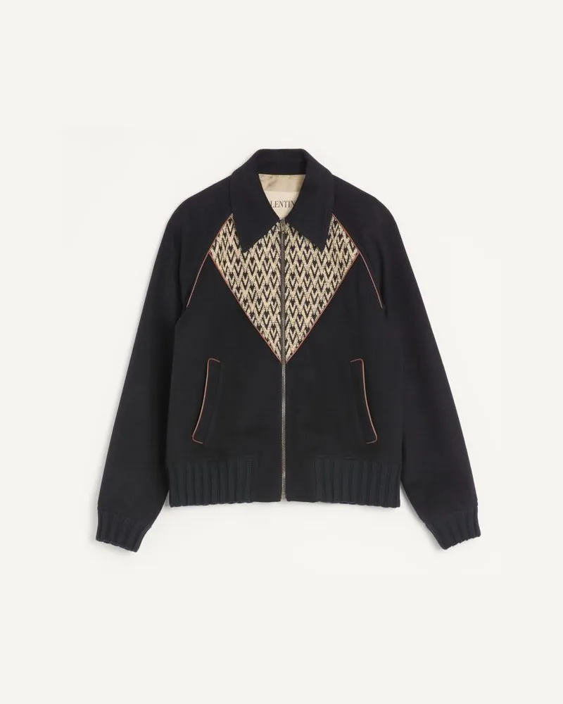 Valentino Garavani Bomber Valentino In Drap Di Lana E Cashmere Con V Intarsiata Con Motivo Jacquard Toute La V Uomo NERO Nero