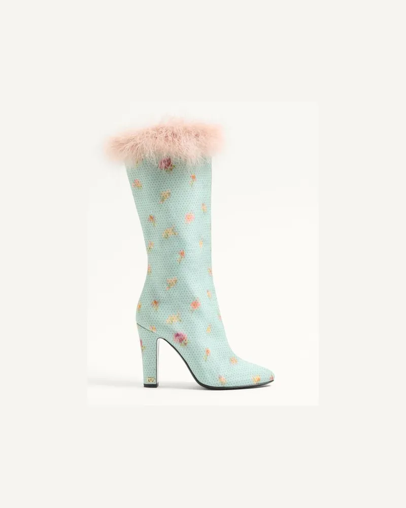 Valentino Garavani Stivale Hotty In Tessuto Chinè Fiori & Pois Con Piume 100Mm Donna CELESTE Celeste