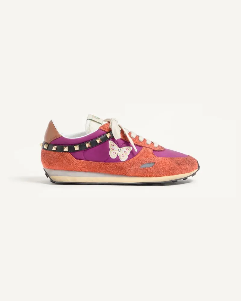 Valentino Garavani Sneaker Stud Up In Crosta E Nylon Con Ricamo Farfalla Uomo ARANCIONE/VIOLA Arancione