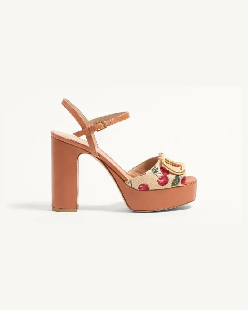 Valentino Garavani Sandalo Con Plateau VLogo Signature In Rafia Jacquard Con Motivo Cherryfic 115Mm Donna NATURALE/ROSSO Naturale