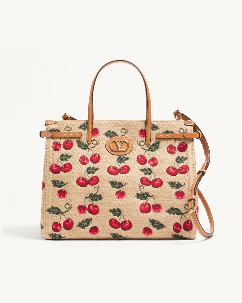 Valentino Garavani Borsa Shopping Media Valentino Garavani Antibes In Rafia Jacquard Con Motivo Cherryfic Donna NATURALE/ROSSO Naturale