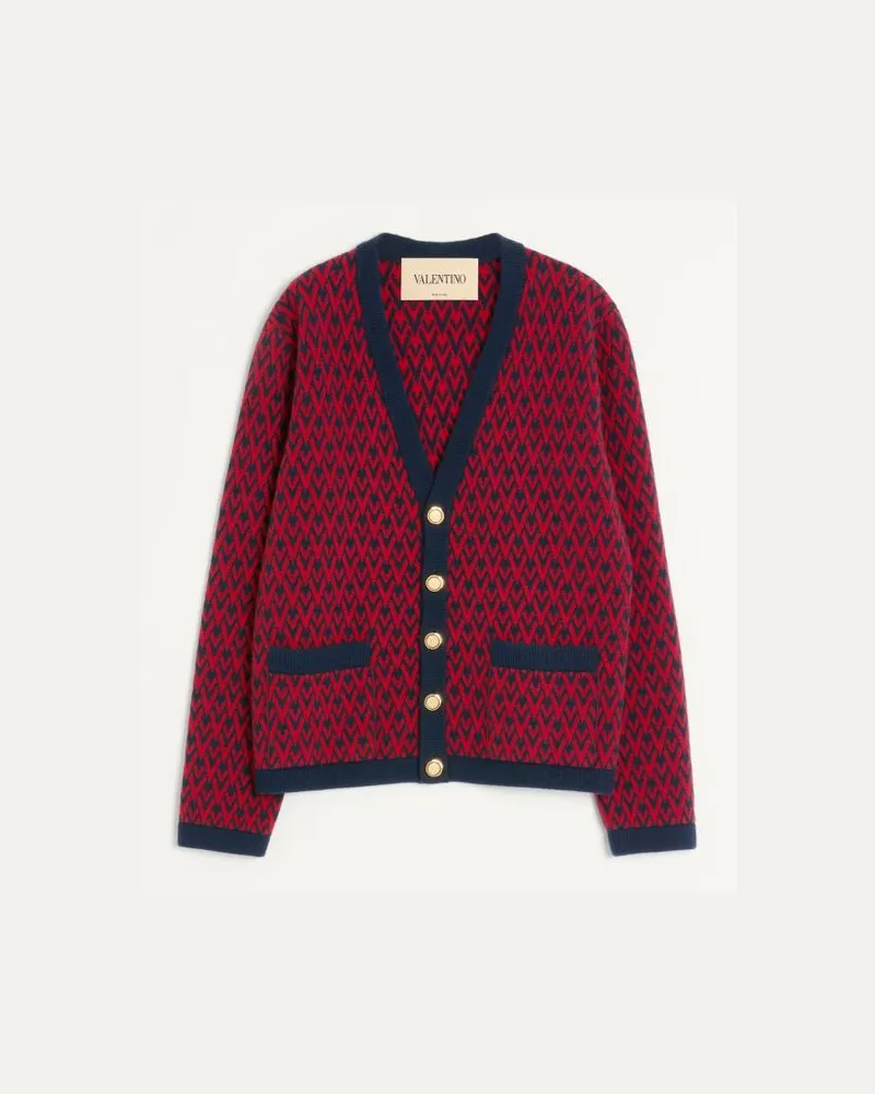 Valentino Garavani Cardigan In Lana Con Motivo Toute La V Uomo NAVY/ ROSSO Navy