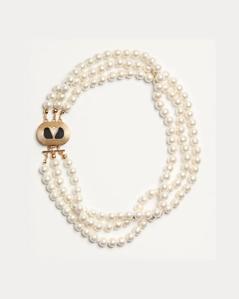 Valentino Garavani Collana Ovalette In Metallo, Smalto, Perle E Cristalli Swarovski Donna ORO/NERO/CREMA Oro