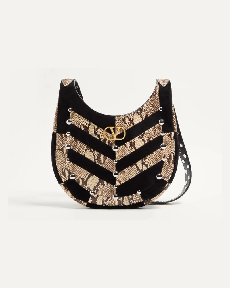 Valentino Garavani Borsa Hobo Piccola Valentino Garavani Hoboho In Pitone E Suede Motivo Chevron Con Borchie Donna BEIGE/NERO Beige