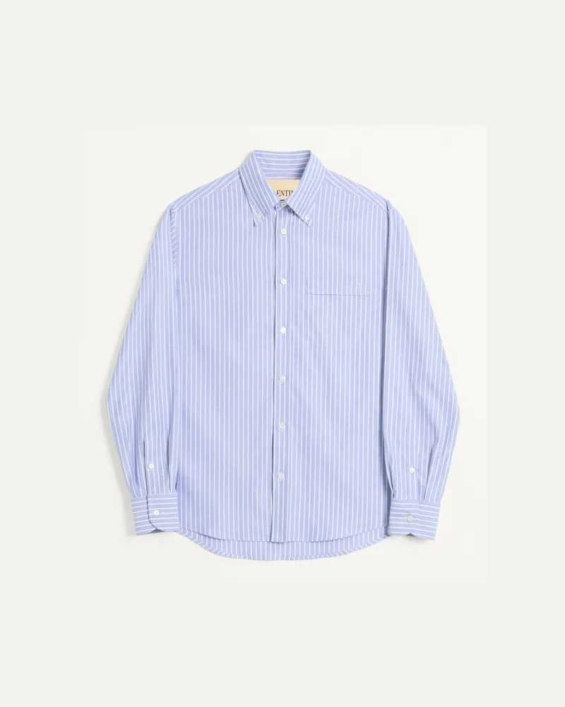 Valentino Garavani Camicia In Cotone Con Ricamo VLogo Uomo BIANCO/AZZURRO Bianco