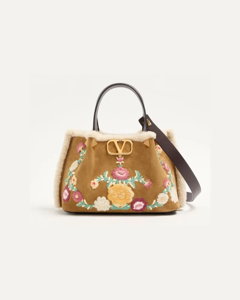Valentino Garavani Borsa Shopping Piccola Valentino Garavani In Suede Ricamata E Fodera In Montone Donna HAVANA BEIGE Havana