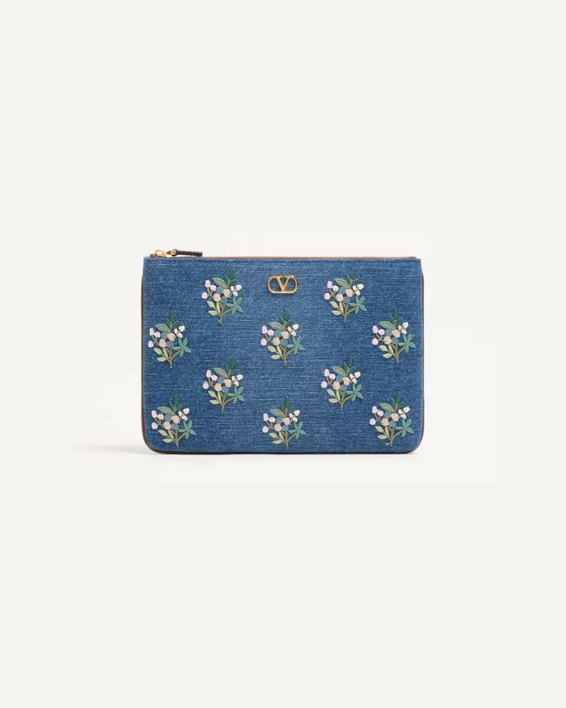 Valentino Garavani Pochette Valentino Garavani Vlogo Signature in denim con ricamo floreale Donna DENIM Denim