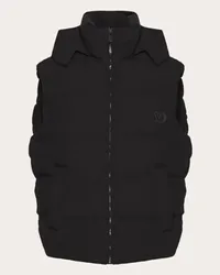 Valentino Garavani GILET IN NYLON OPACO CON CAPPUCCIO E PATCH VLOGO SIGNATURE Uomo NERO Nero