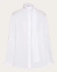 Valentino Garavani CAMICIA IN LINO CON COLLO A SCIARPA E RICAMO VLOGO SIGNATURE Uomo BIANCO Bianco