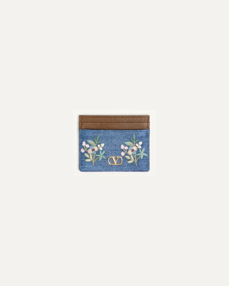 Valentino Garavani Portacarte Valentino Garavani VLogo Signature in denim con ricamo floreale Donna DENIM Denim