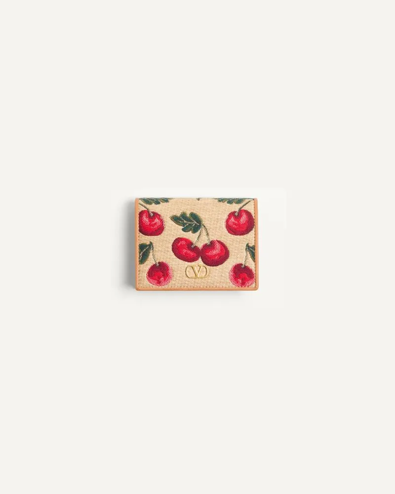 Valentino Garavani Portafoglio VLogo Signature In Rafia Jacquard Con Motivo Cherryfic Donna NATURALE/ROSSO Naturale
