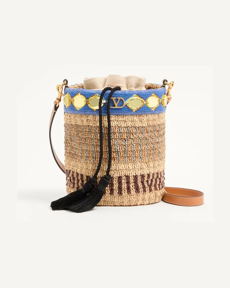 Valentino Garavani Borsa piccola a secchiello Valentino Garavani ricamata in rafia Donna NATURALE/AZZURRO Naturale