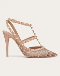 Valentino Garavani DÉCOLLETÉ ROCKSTUD IN RETE CON CRISTALLI E CINTURINI 100MM Donna ROSE CANNELLE Rose