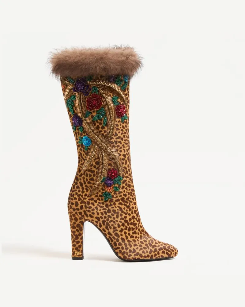 Valentino Garavani Stivale Hotty In Vitello Effetto Cavallino Con Ricamo Floreale E Pelliccia 100Mm Donna ANIMALIER Animalier