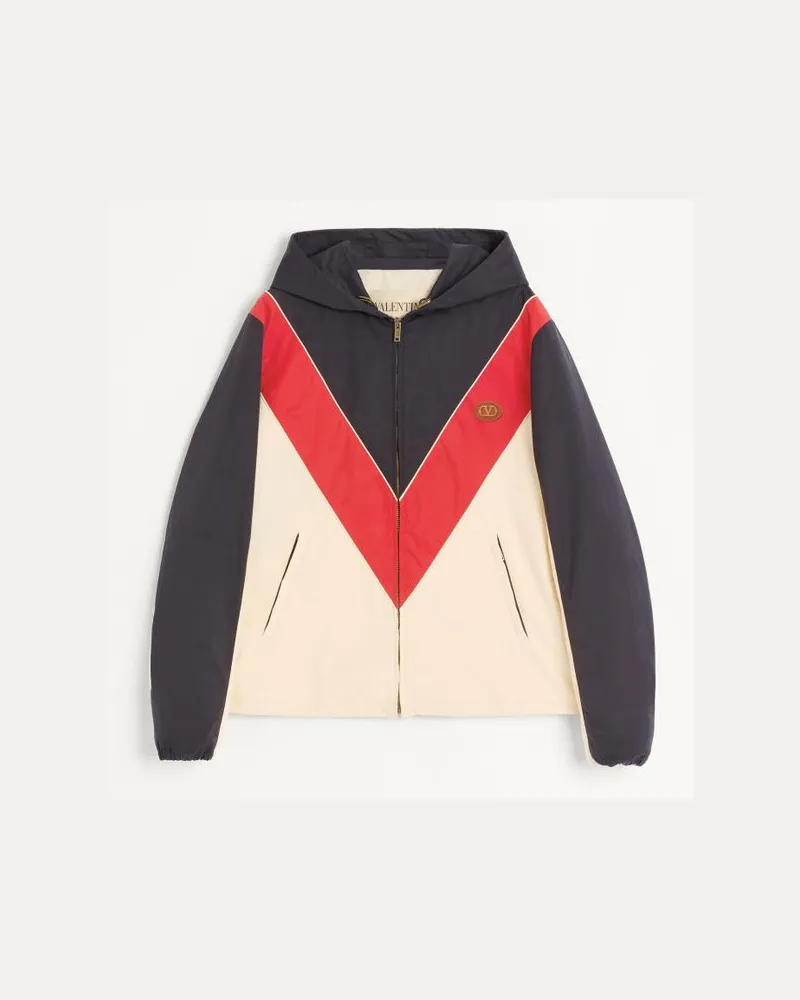 Valentino Garavani Giacca A Vento Con Cappuccio In Nylon Con Patch Vlogo Uomo NAVY/ROSSO/BLU Navy