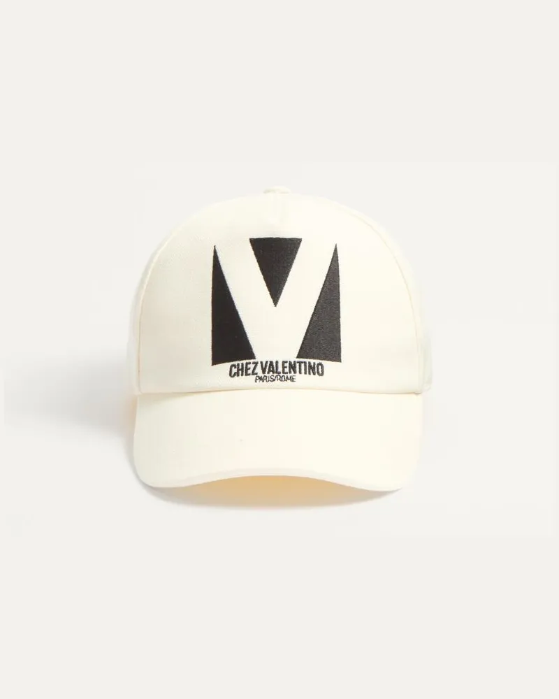 Valentino Garavani Baseball Cap Chez Valentino In Cotone Con Ricamo Uomo AVORIO/NERO Avorio