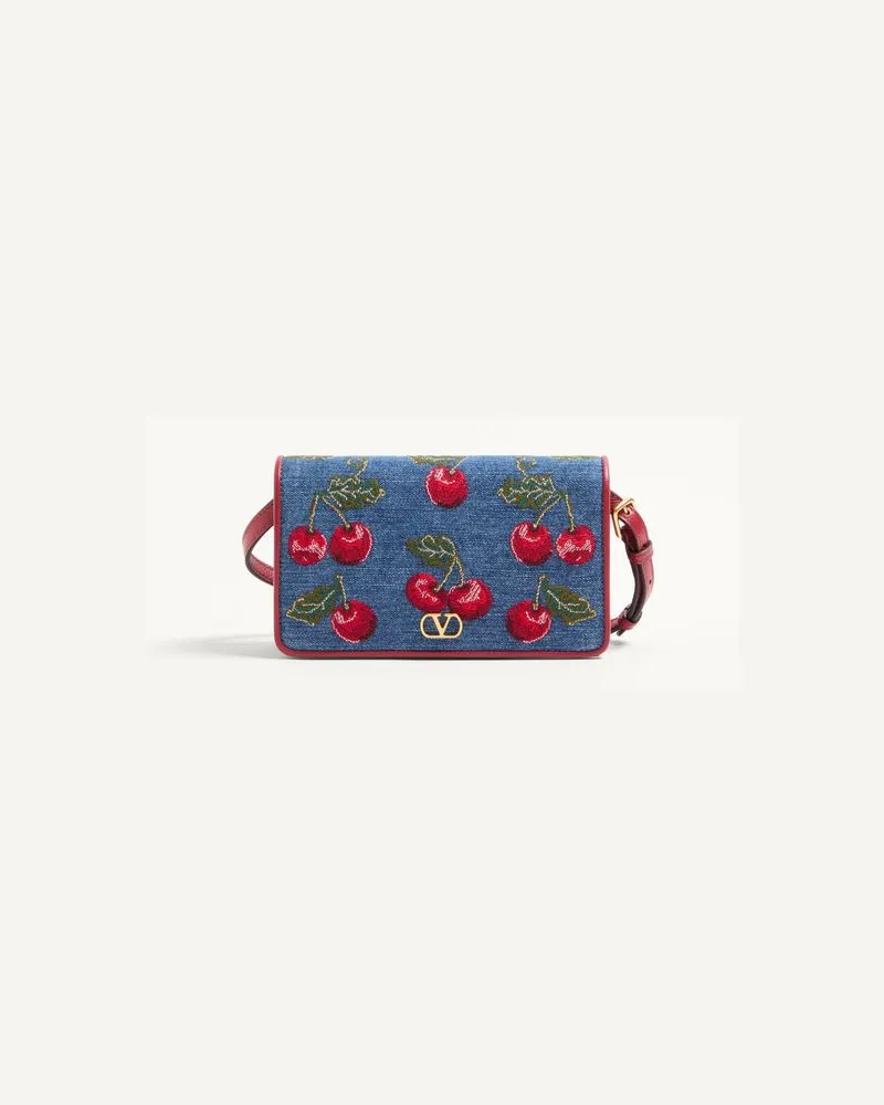 Valentino Garavani Mini Borsa A Spalla Vlogo Signature In Denim Con Ricamo Cherryfic Donna DENIM/MULTICOLOR Denim