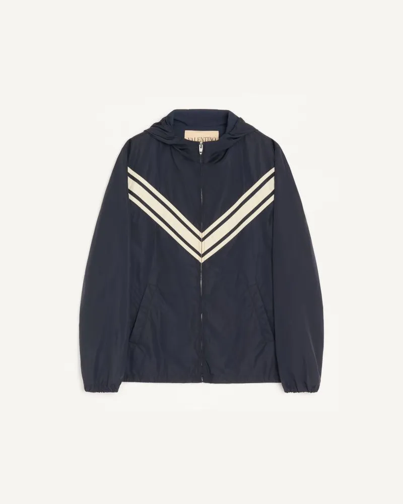 Valentino Garavani Giacca A Vento Con Cappuccio Valentino In Nylon Leggero Con V Intarsiata Uomo NAVY/BEIGE Navy