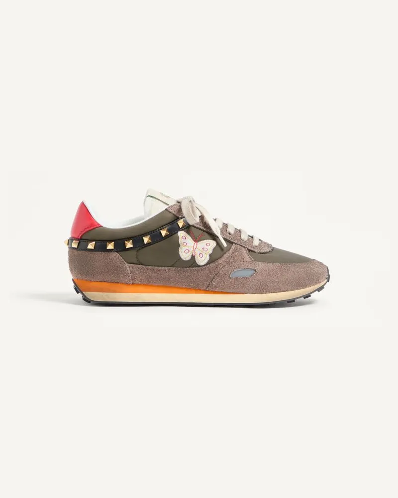 Valentino Garavani Sneaker Stud Up In Crosta E Nylon Con Ricamo Farfalla Uomo OLIVA/MULTICOLOR Oliva