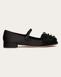 Valentino Garavani BALLERINA MARY-JANE GARAVANI BOWJANE IN RASO CON RICAMO A FRANGE 20MM Donna NERO Nero