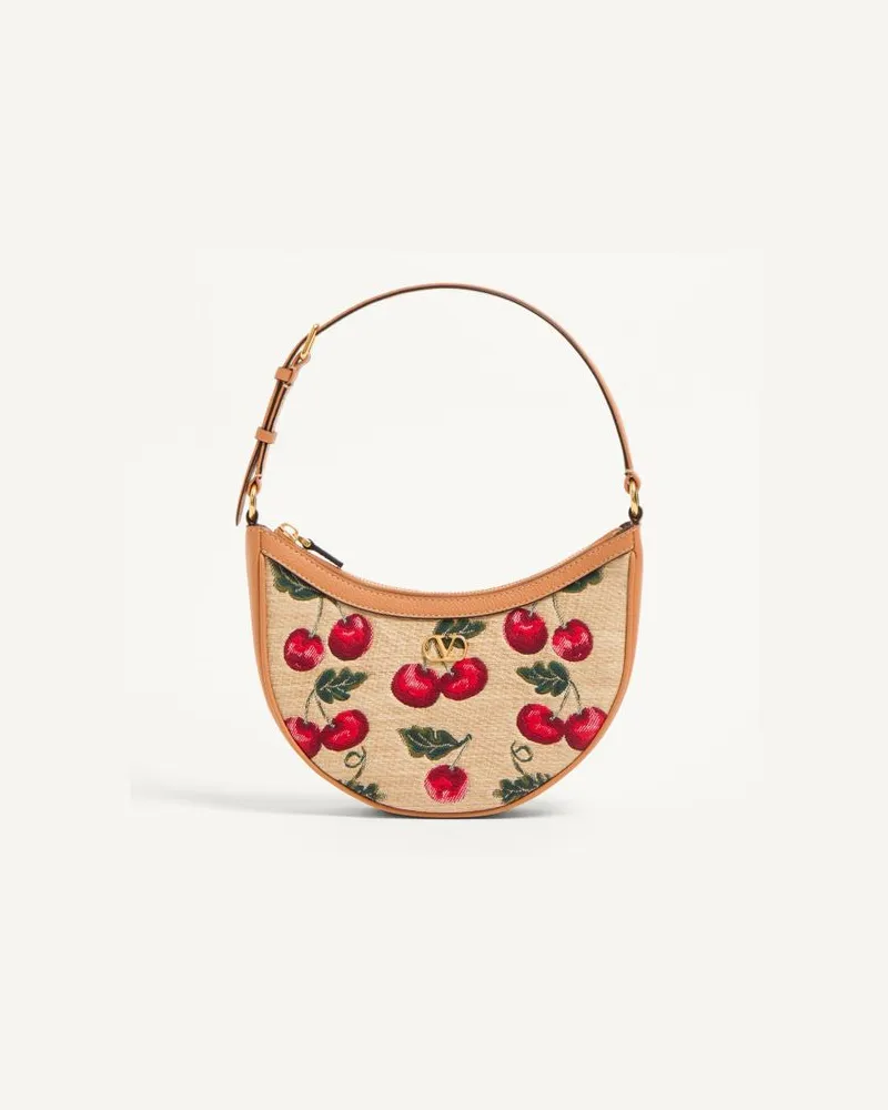 Valentino Garavani Mini Borsa Hobo VLogo Signature In Rafia Jacquard Con Motivo Cherryfic Donna NATURALE/ROSSO Naturale