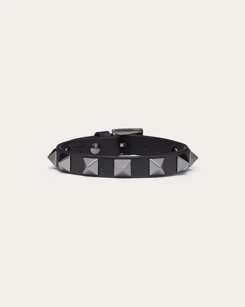 Valentino Garavani Bracciale Rockstud In Pelle E Borchie Finitura Palladio Uomo NERO Nero