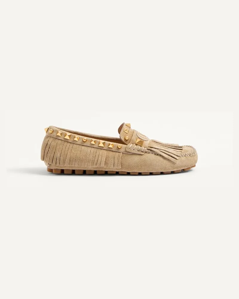 Valentino Garavani Mocassino Driver Plaster Caster In Crosta Con Frange Donna DESERT SAND Desert