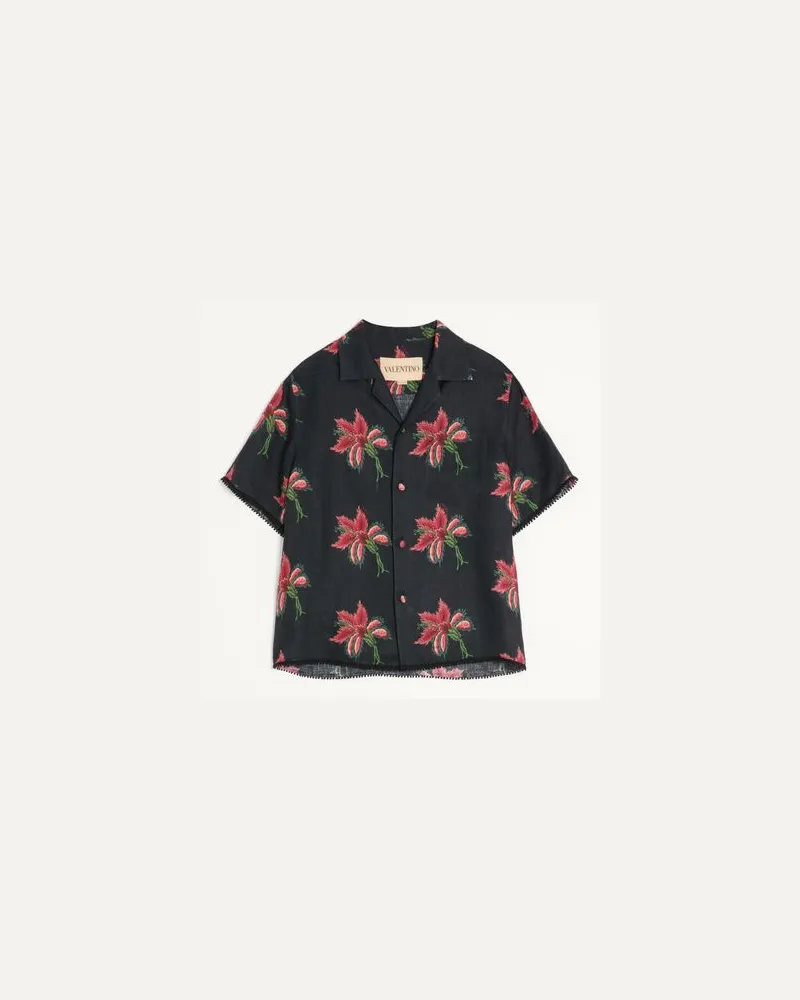 Valentino Garavani Camicia Da Bowling Valentino In Lino Con Stampa Papier Floral Uomo NERO/ROSSO 54 