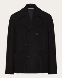 Valentino Garavani PEACOAT IN PANNO DI LANA TECNICA CON V DETAIL GOMMATE Uomo NERO Nero