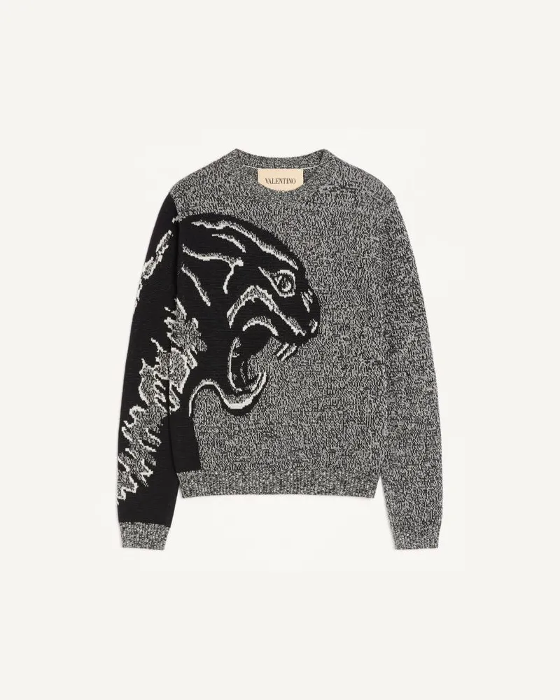 Valentino Garavani Maglia Valentino In Cotone E Lana Moulinè Con Panther Jacquard Uomo AVORIO/NERO Avorio