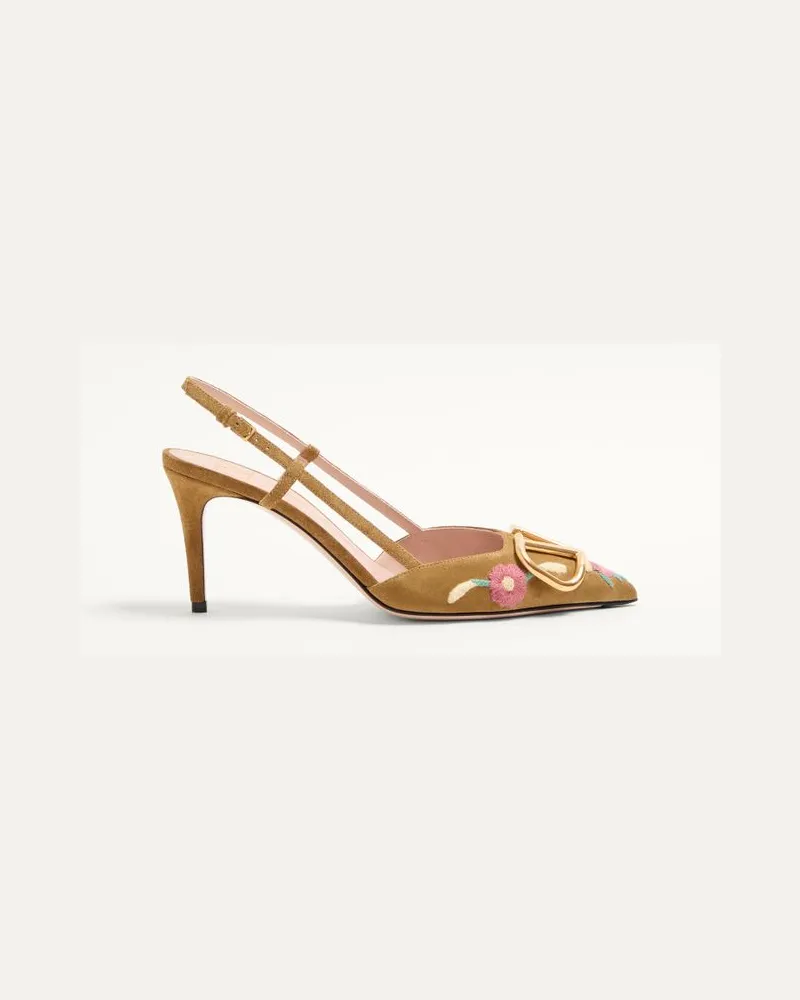Valentino Garavani Décolleté Slingback VLogo Signature In Crosta Con Ricamo Floreale 80Mm Donna HAVANA BEIGE Havana