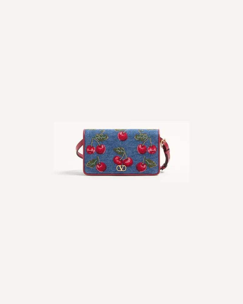 Valentino Garavani Mini Borsa A Spalla Vlogo Signature In Denim Con Ricamo Cherryfic Donna DENIM/MULTICOLOR UNI 