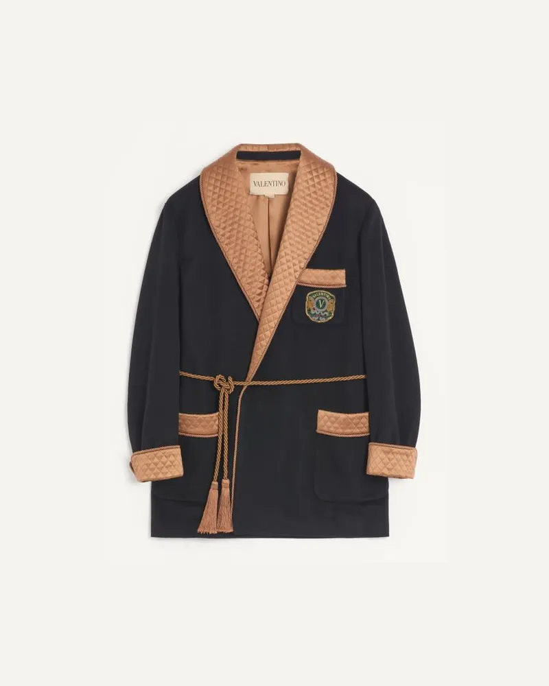 Valentino Garavani Giacca Con Cintura Valentino In Drap Di Lana E Cashmere Con Patch Valentino Ricamato Uomo NERO Nero