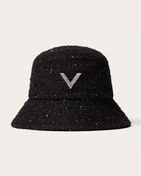 Valentino Garavani CAPPELLO BUCKET V DETAIL IN TWEED CON APPLICAZIONE V IN METALLO CRISTALLI PAVE' SWAROVSKI® Donna NERO Nero