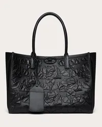 Valentino Garavani BORSA SHOPPING MEDIA VLOGO LOCKER TOTE IN PELLE CON ROSE RICAMATE Donna NERO Nero