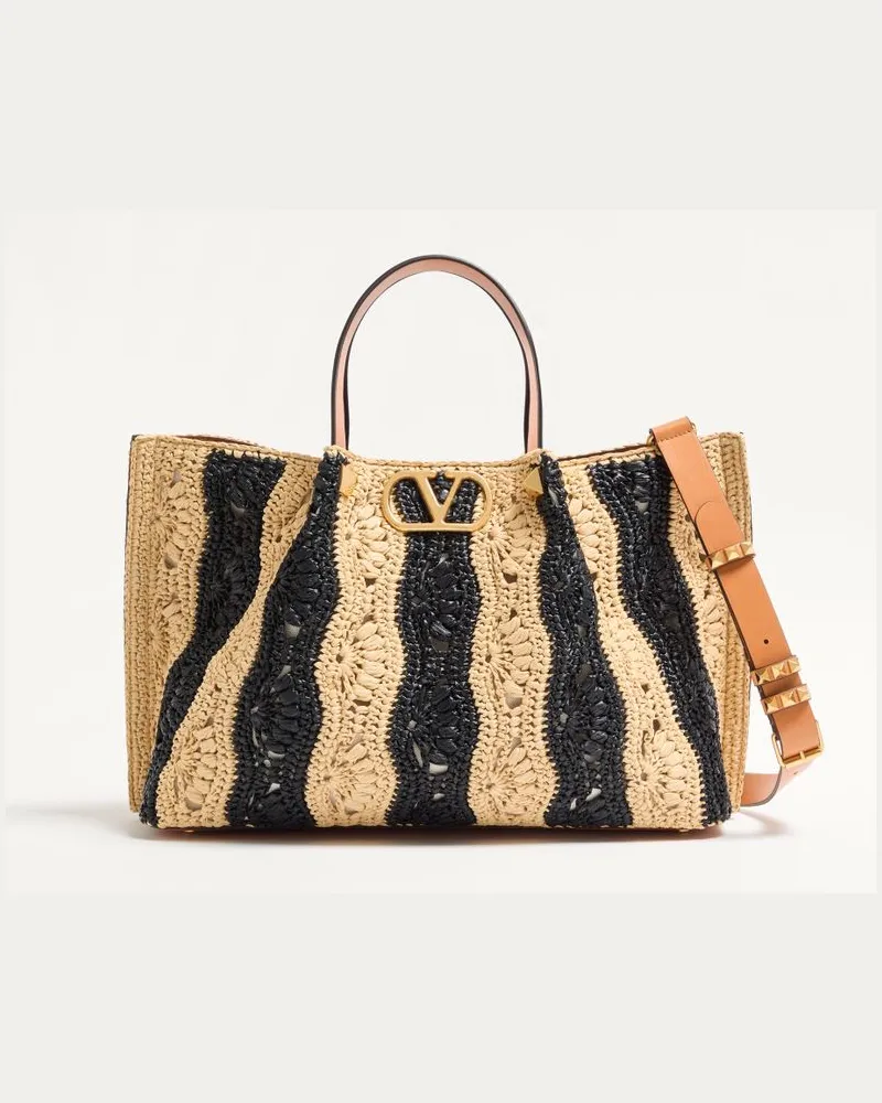 Valentino Garavani Borsa Shopping Media Valentino Garavani In Rafia Con Motivo A Onde Donna NATURALE/NERO Naturale