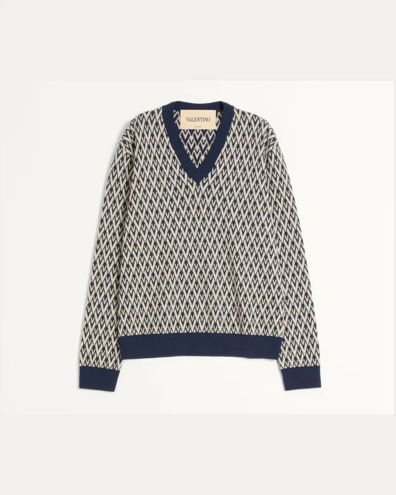 Valentino Garavani Maglione In Lana Con Motivo Jacquard Toute La V Uomo NAVY/CREMA Navy