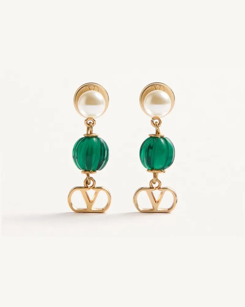 Valentino Garavani Orecchini VLogo Signature In Metallo, Perle E Vetro Godronato Donna ORO/VERDE Oro