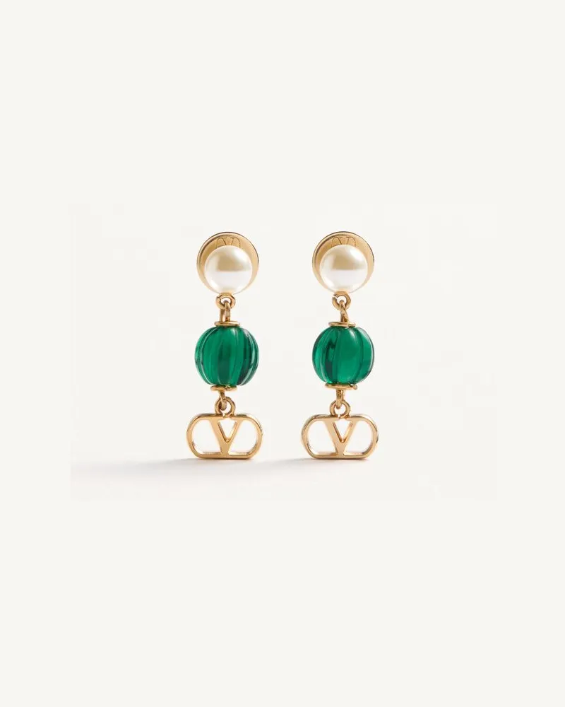 Valentino Garavani Orecchini Vlogo Signature In Metallo, Perle E Vetro Godronato Donna ORO/VERDE Oro