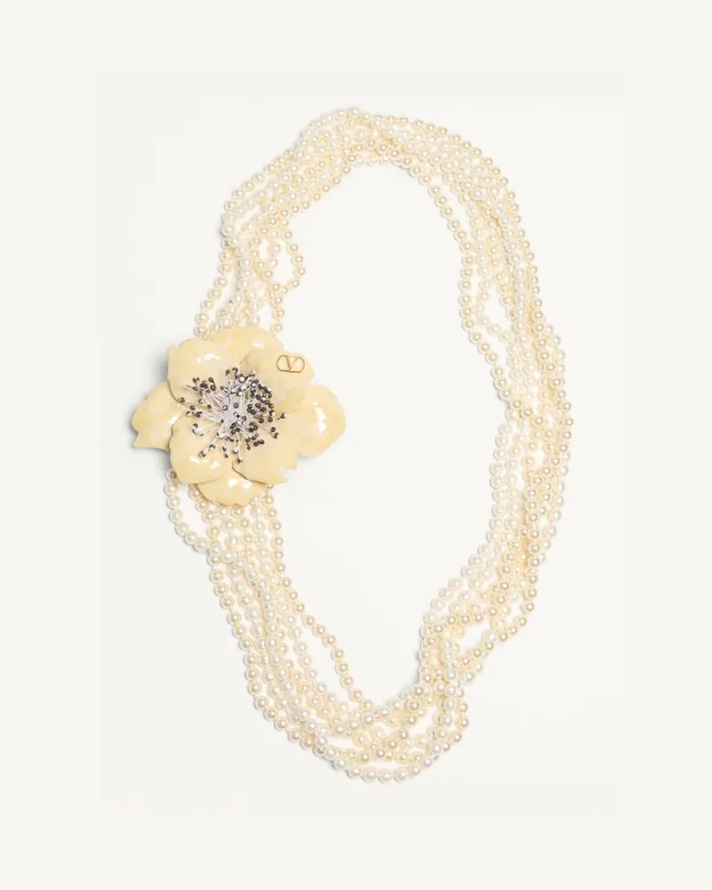 Valentino Garavani Collana Valentino Fleur Lumineuse In Metallo, Smalto, Perle E Tessuto Uomo ORO/CREMA Oro