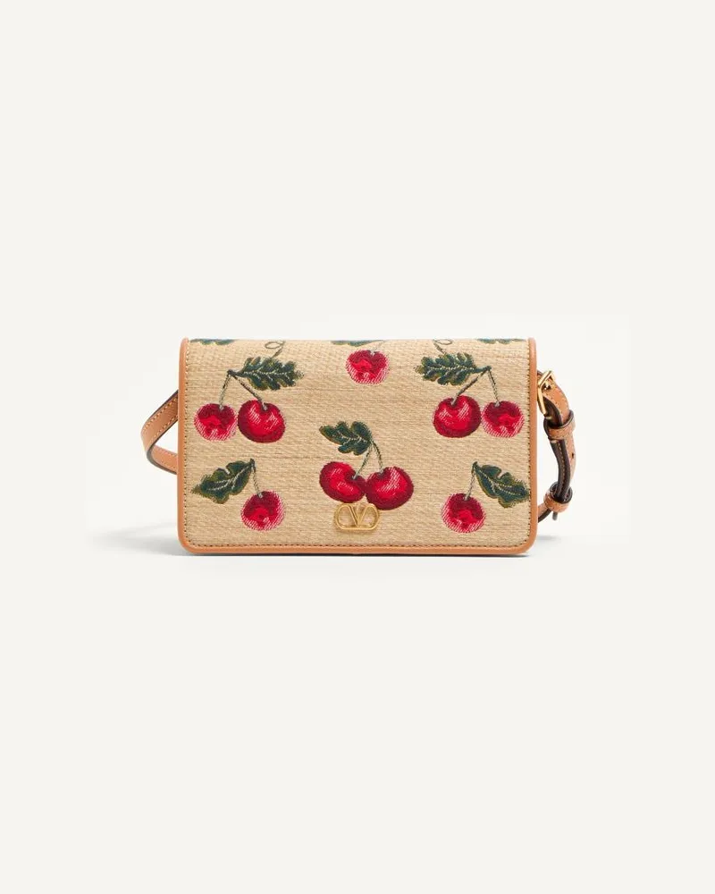 Valentino Garavani Mini Borsa A Spalla VLogo Signature In Rafia Jacquard Con Motivo Cherryfic Donna NATURALE/ROSSO Naturale
