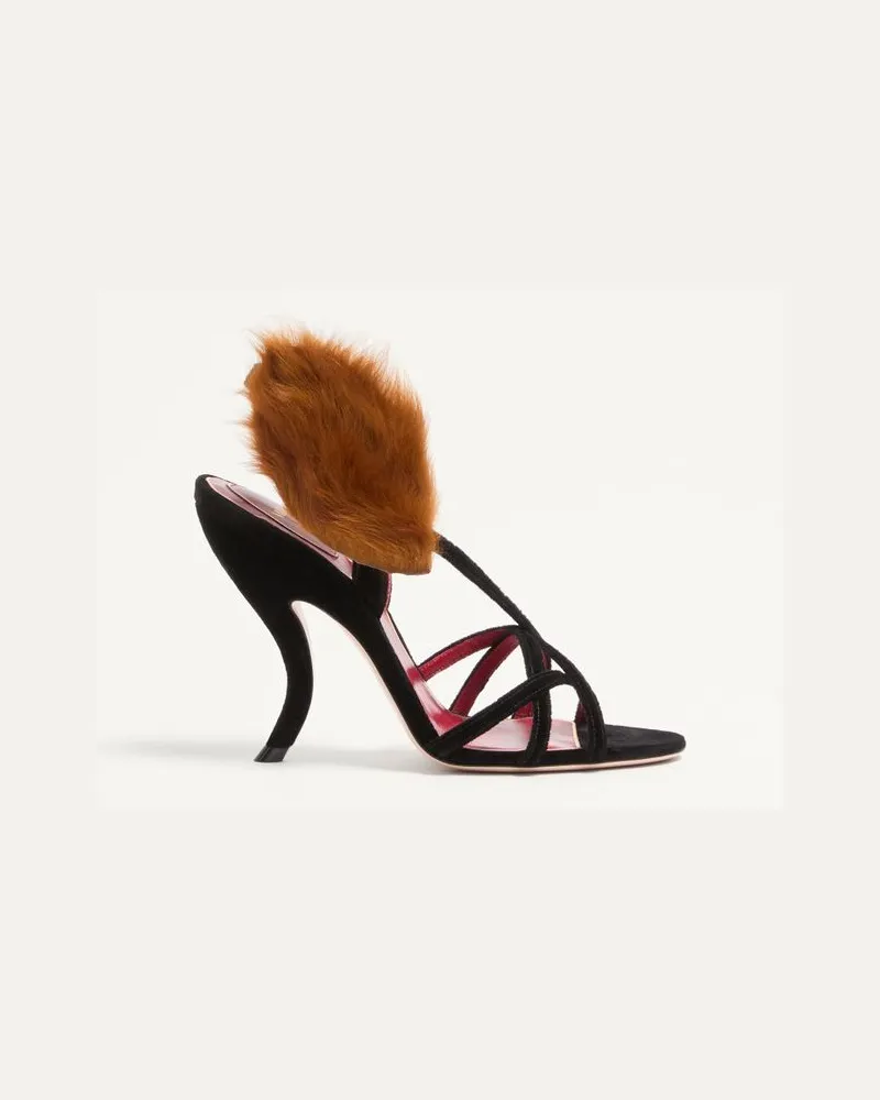 Valentino Garavani Sandalo Fetishique In Velluto Con Foglia In Pelliccia 105Mm Donna NERO Nero