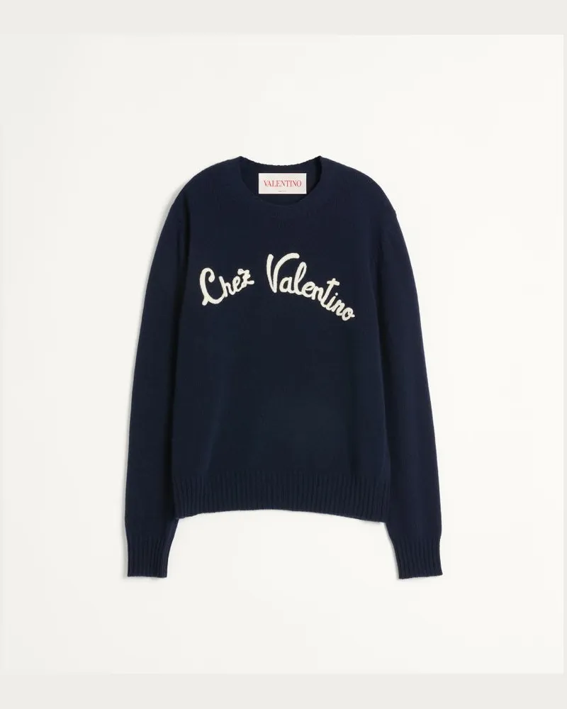 Valentino Garavani Maglione Girocollo In Lana Con Ricamo Chez Valentino Uomo BLU Blu