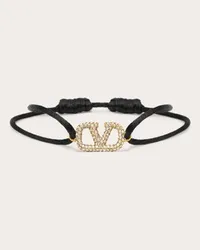 Valentino Garavani BRACCIALE VLOGO SIGNATURE IN COTONE E CRISTALLI SWAROVSKI® Donna NERO/CRYSTAL Nero