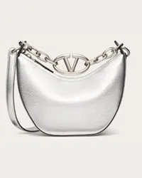 Valentino Garavani MINI HOBO VLOGO MOON BAG IN VITELLO GRANATO METALLIZZATO CON CATENA Donna ARGENTO Argento