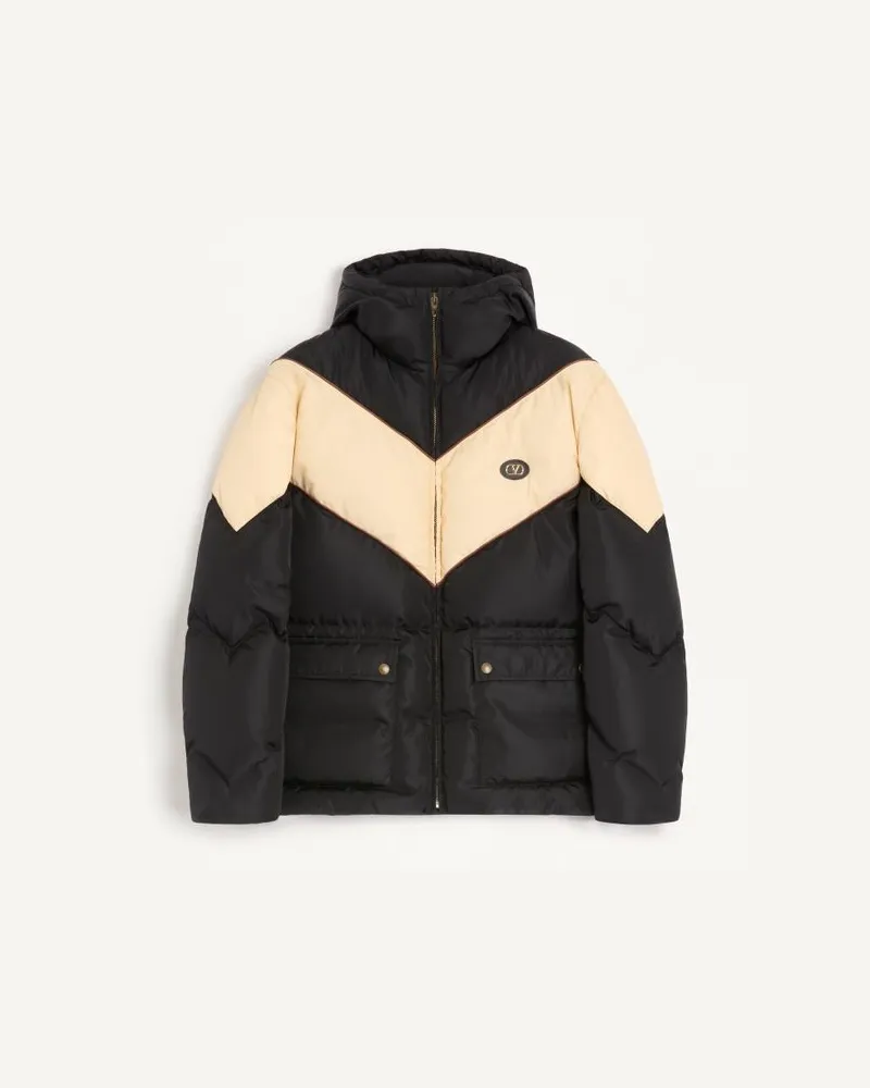 Valentino Garavani Piumino Con Cappuccio Valentino In Nylon Leggero Con V Intarsiata E VLogo Patch Uomo NERO/BURRO Nero