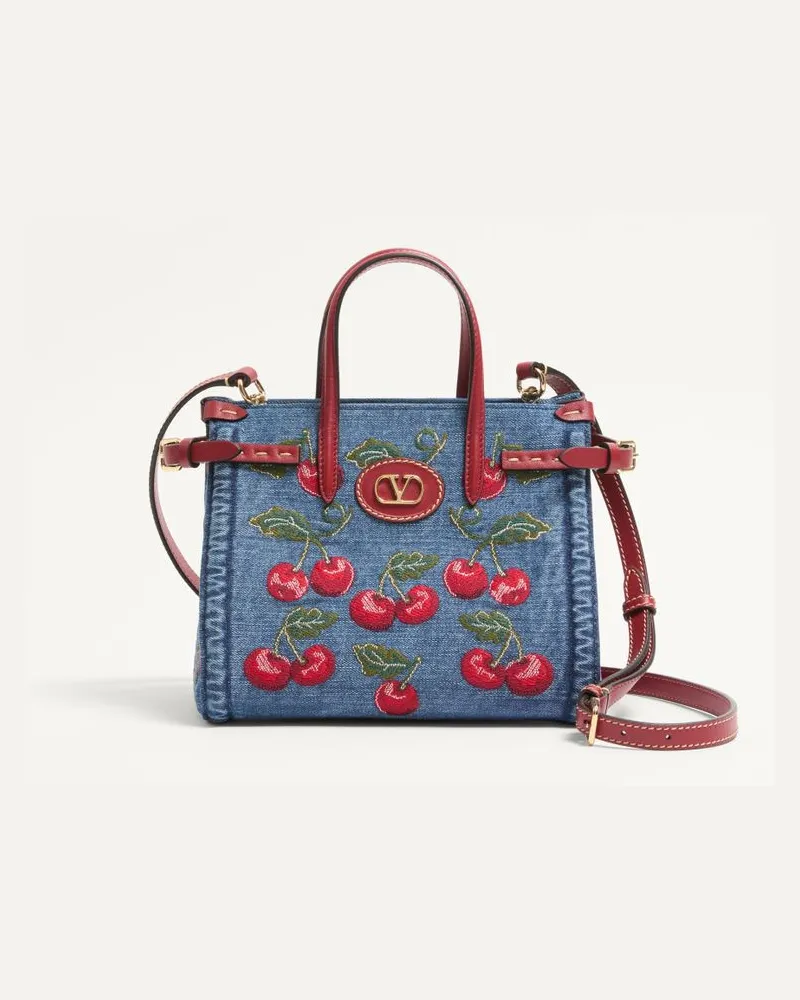 Valentino Garavani Borsa Shopping Piccola Valentino Garavani Antibes In Denim Con Ricamo Cherryfic Donna DENIM/MULTICOLOR Denim