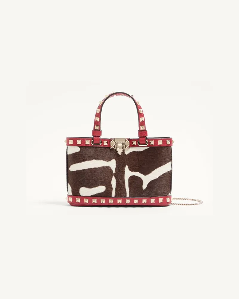 Valentino Garavani Mini borsa shopping Valentino Garavani Rockstud In Vitello Effetto Cavallino Animalier Donna BIANCO/MARRONE/ROSSO Bianco